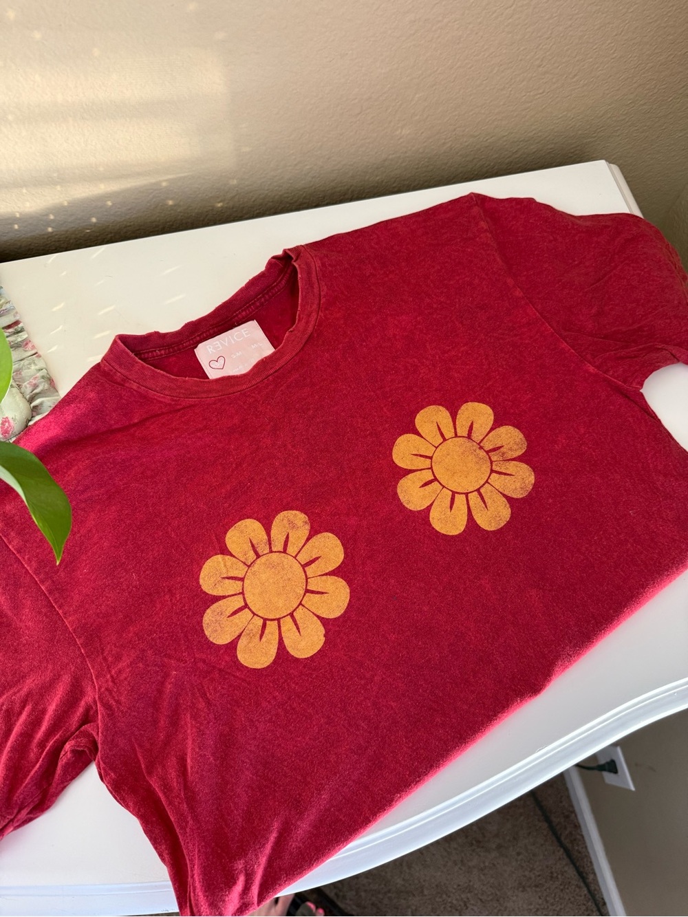 Vintage REVICE Red Short Sleeve Tee with Yellow Daisy Prints